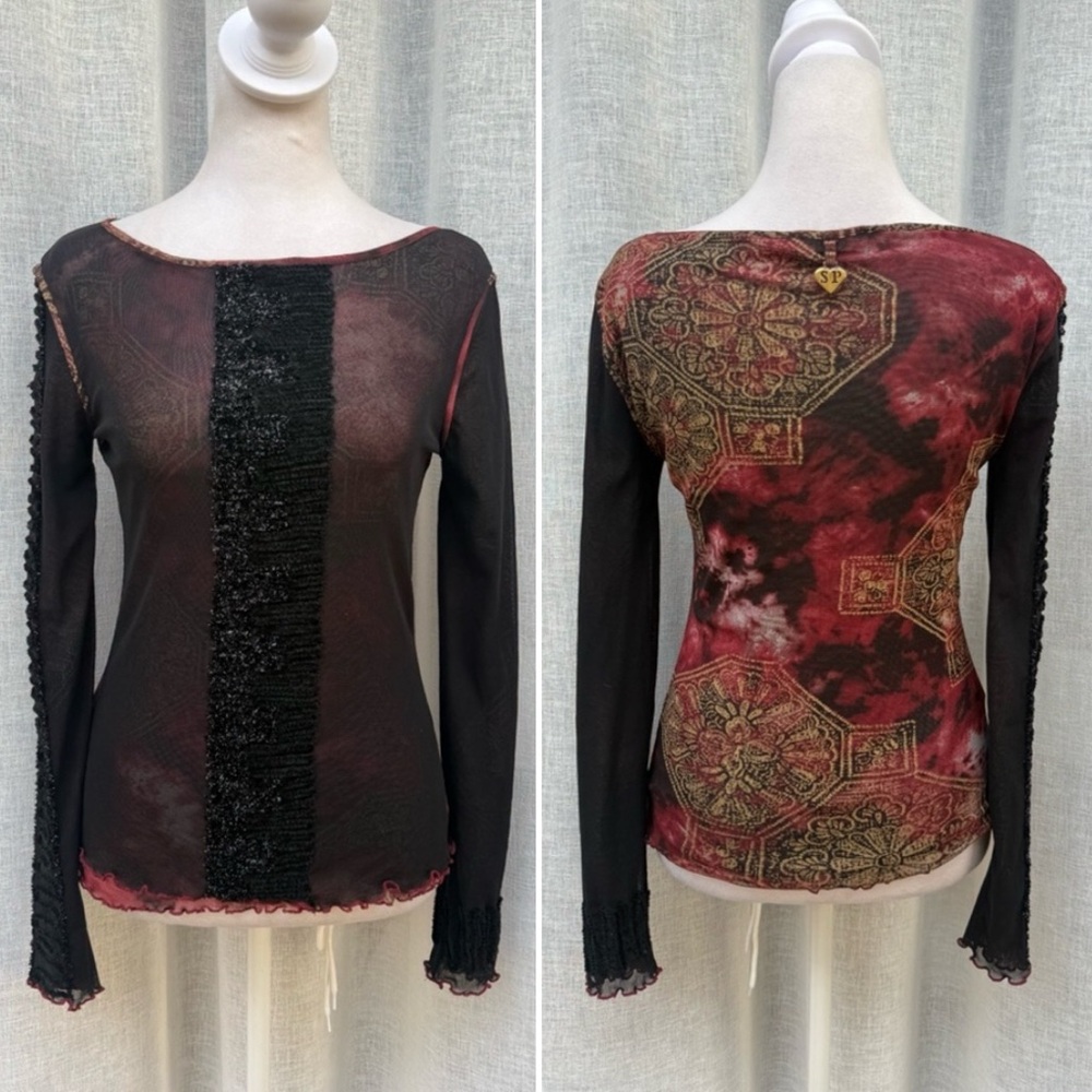 Shirt Passion black sheer red gold floral long sleeve mesh boho top